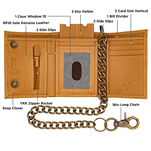 Rfid Safe Leather Biker Trifold Chain Wallet With Snap Ykk Zip Pocket Claw Hook Chain In Gift Pouch Trucker, Motorcycle (Tan 110 Tfc) #TOP1