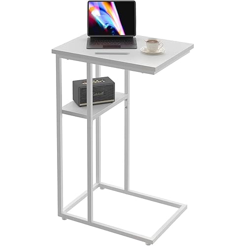Innerjoin C Side Table, C Shaped End Table in Living Room Bedroom, Small Slim Side Table for Small Spaces, for Sofa Couch and Bed, Industrial Vintage Style, White