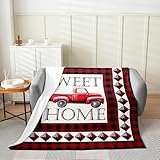 Homewish Rustic Farmhouse Throw Blanket Watercolor Red Farm Truck Decor Fleece Blanket for Teens Adults Vintage Red Black Plaid Western Style Flannel Blanket for Living Room Couch Throw 50x60