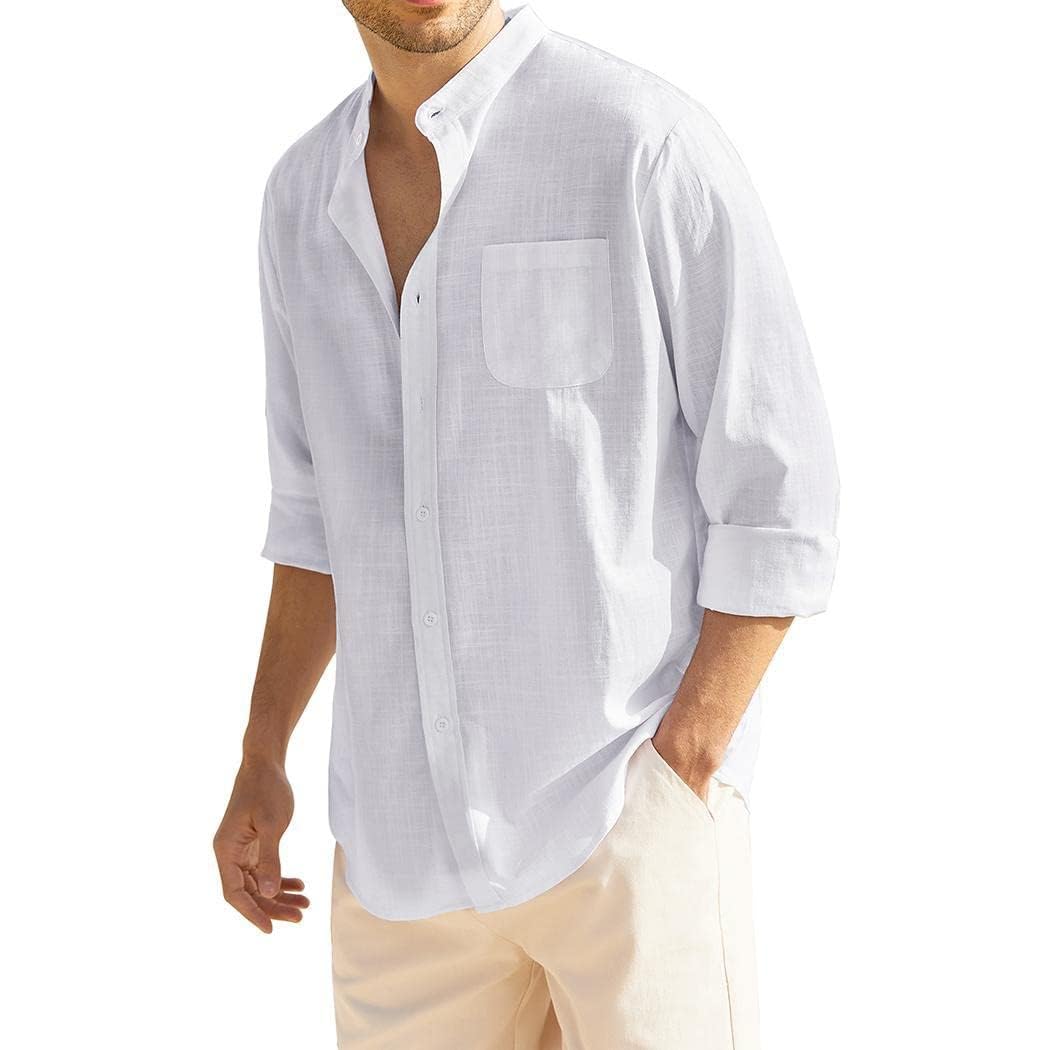 COOFANDY Camisa de lino para hombre, manga larga, verano, cuello alto, corte regular, camisa informal con bolsillo en el pecho