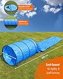 SPORTIKEL24 Agility Sacktunnel Blau – 3,80 m Länge, Ø 60 cm – Für Welpen & Anfängerhunde – mit Ösen, Heringen & Tragetasche – von Superhund