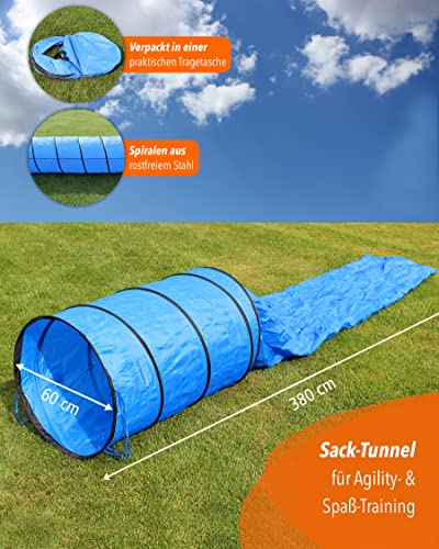SPORTIKEL24 Agility Sacktunnel Blau – 3,80 m Länge, Ø 60 cm – Für Welpen & Anfängerhunde – mit Ösen, Heringen & Tragetasche – von Superhund
