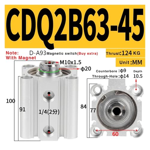 Cylindre double effet CDQ2B63-45 à filetage interne haute force - 3