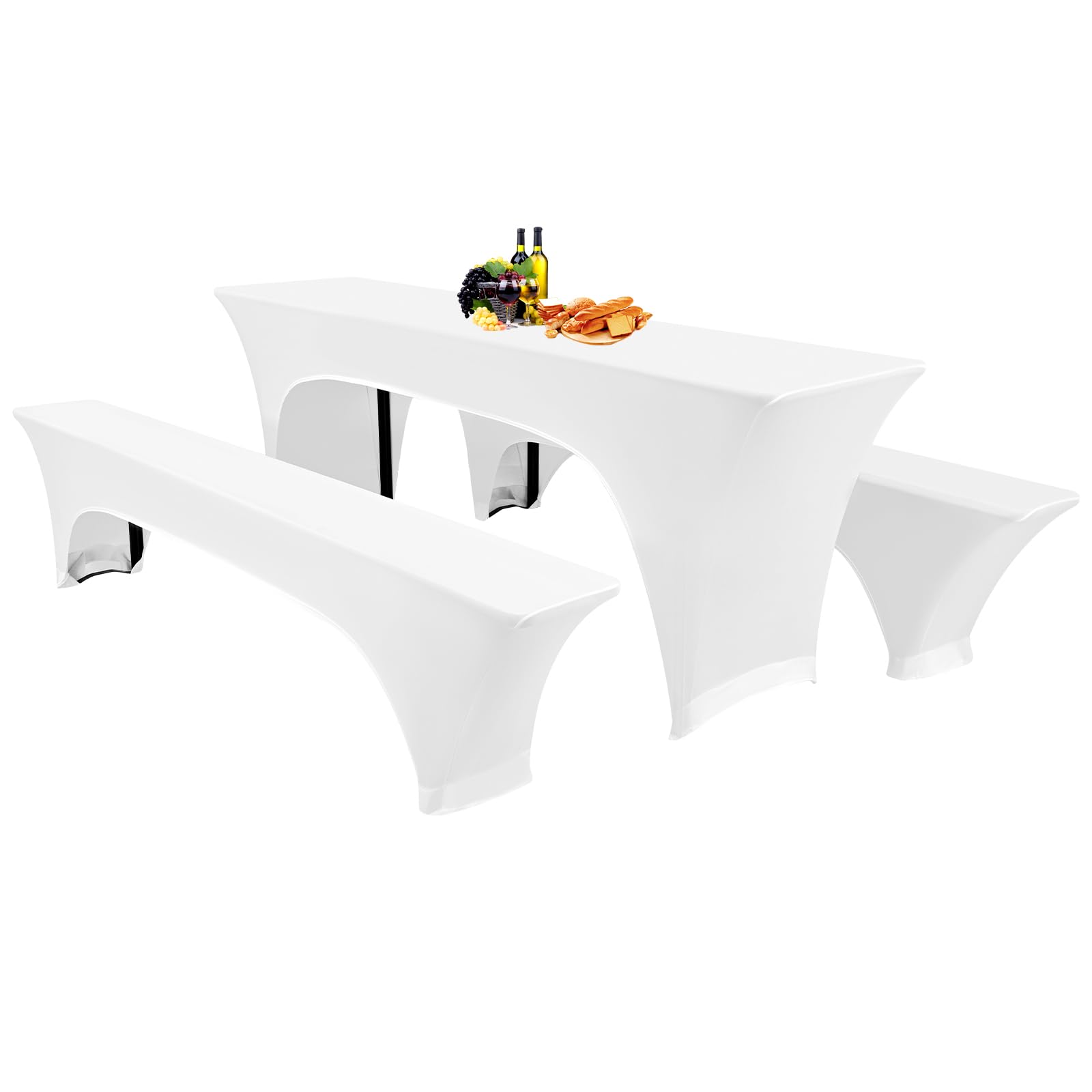 Showgeous 3 Stück weiße Biertischhussen Stretch-Biertisch- und Hockerhussen-Set für 50 cm Tischbreite Bierzelt-Set 220 x 50 x 80 cm für Bankett-Gartenmöbel im Freien