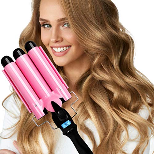 3 Barrel Curling Iron Wand Dual Voltage Hair Crimper with LCD Temp Display - Temperature Adjustable Portable Hair Waver Heats Up Quickly, 1 Inch Ceramic Tourmaline Triple Barrels (Pink)