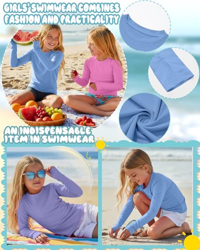 Image of 3 Pack Girls Rash Guard Swim Shirts 5-14Y UV Sun Protection Long Sleeve Thumb Hole Quick Dry T-Shirts UPF 50+ Tees