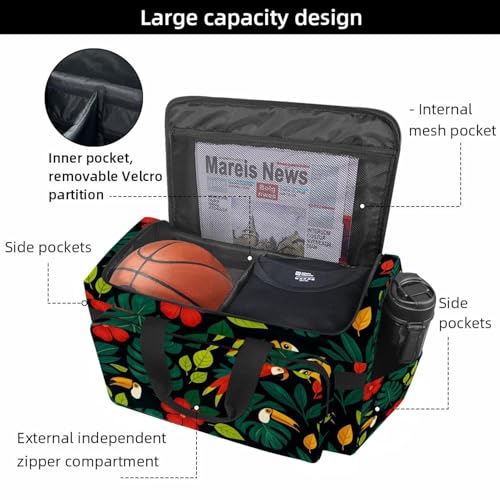 Travel Duffel Bags for Men and Women, Waterproof Weekender Overnight Gym Bags, Tropical Leaves Parrots2