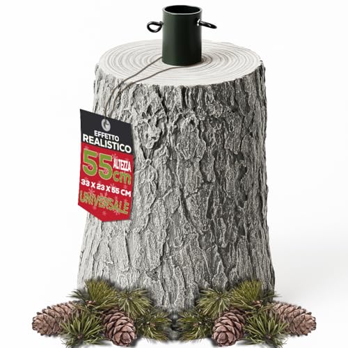 BAKAJI Base de soporte para árbol de Navidad de resina, tronco realista navideño, reproducción fiel a la realidad, sólida y resistente, enganche universal de 40 mm, ganchos para ajuste de altura (55