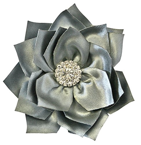 Silk Peony Flower Handcrafted Hair Clip Rhinestone Bridal Bridesmaid Flower Girl Hair Accessory (4.0 inch, Silver)