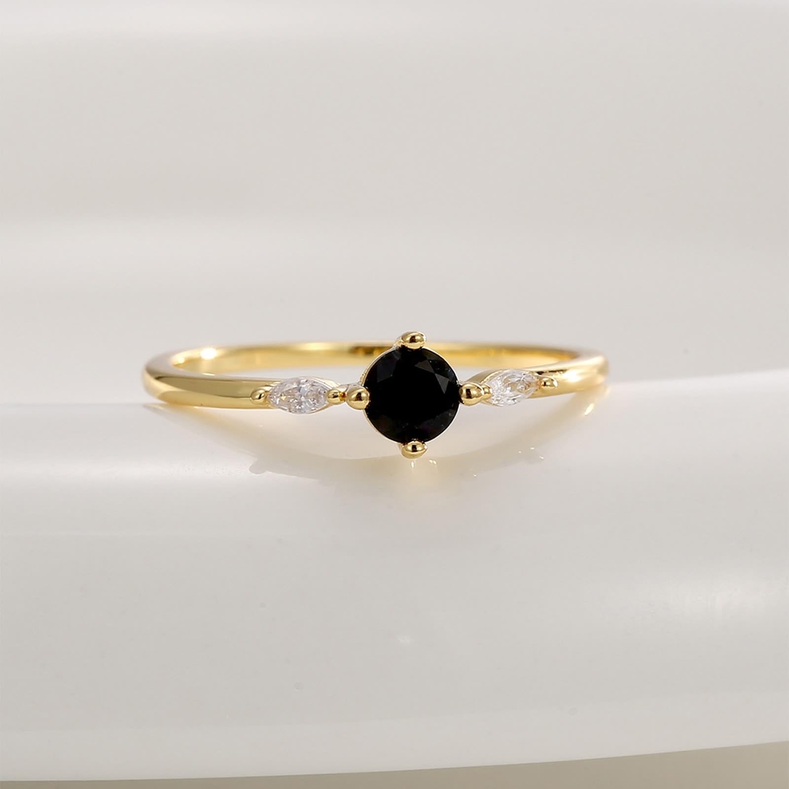 9 Karat/14 Karat/18 Karat Gelbgold Zierlicher Ring Achat Schwarz, Verlobungsring Schwarzer Runder Onyx