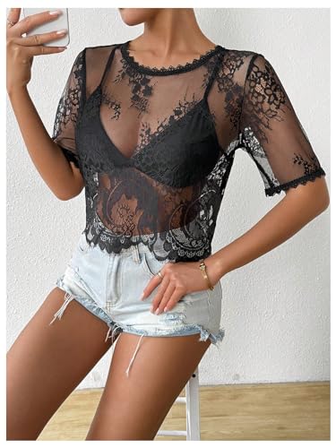 SOLY HUX Women's Sheer Mesh Crop Top Lace Short Sleeve Crew Neck See Through Tshirts Summer Outfits2