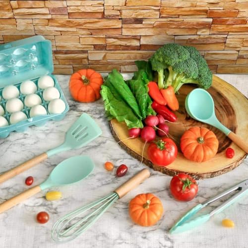Image of Sakoraware Silicone Kitchen Utensils Spoon Spatula Cooking 12 Pcs Set | Baking Set | Non-Stick with Wooden Handle- BPA Free, Heat Resistant Item Flexible Non Toxic Silicon Cookware Tools with Holder