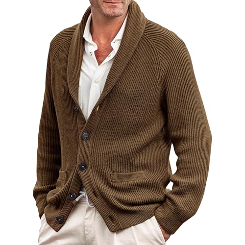 Mens Shawl Collar V-Neck Cardigans Slim Fit Wool Sweaters with Pockets Cable Knit Button Sweater Men Cardigan