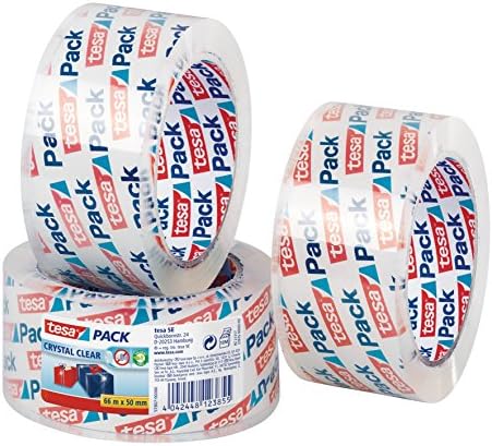 tesa® PACK Crystal Clear Packaging Tape - Silent Packaging Tape with Polypropylene Backing - UV Resistant - Transparent Roll - 3x 66 m x 50 mm