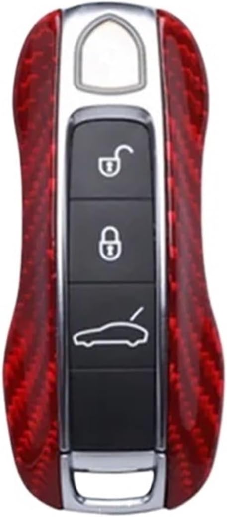Compatible for Porsche Panamera Cayenne 958 Macan 718 911 Carbon Fiber Car Key Case Cover Keyless Remote Case Casing Side Shell Cap(Red BSJC,Case and Keychain)