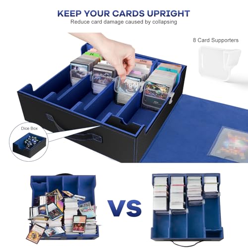 3200+ Trading Card Storage Box with Commander Display, 4-Row TCG Card Box with Portable Handle, Compatible for TCG/MTG/Magic Cards, 30 Colorful Divider, 8 Supporters, US Design Patent (Black&Blue)