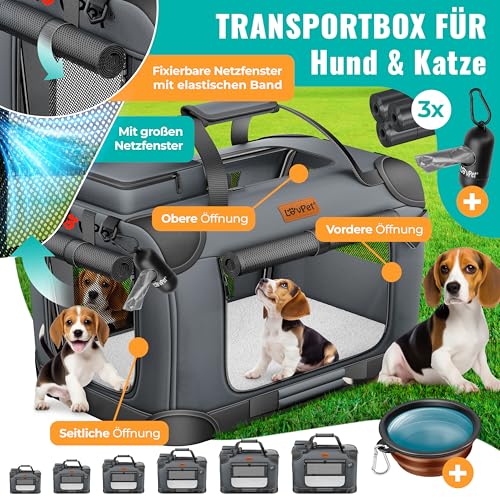 LOVPET® Transportbox Hund Katze Transporttasche XXL 92x64x64cm | Hunde-Tragetasche Faltbare Katzentasche | Haustier-Transportbox inkl. Hundenapf & Schultergurt | für Katzen & Hunde Anthrazit