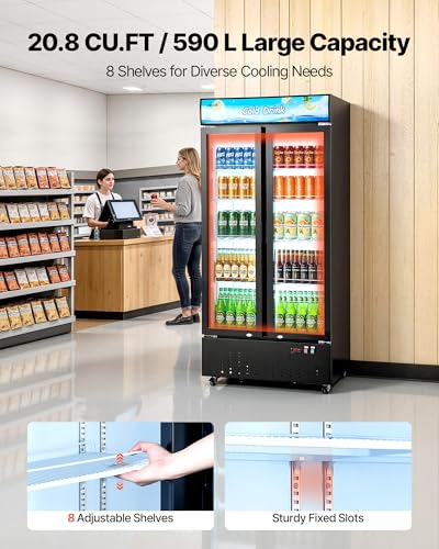 Image of VEVOR Commercial Merchandiser Refrigerator, 20.8 Cu.Ft / 590L Upright Beverage Cooler, 2 Glass Door Display Refrigerator with Customizable Lightbox, 8 Adjustable Shelves, Soft LED Lighting & Casters