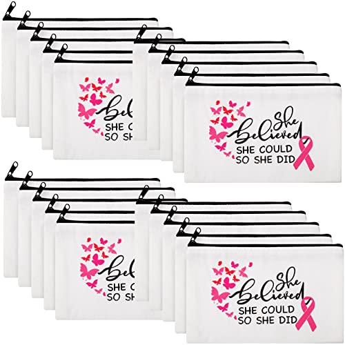 20 Pack Breast Cancer Awareness Makeup Bags for Women Pink Ribbon Zipper Canvas Pouches Breast Cancer Gifts Cancer Support Cosmetic Bags Survivor Gift for Charity Event Favors Supplies