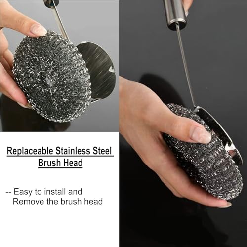 Image of 4pcs Stainless Steel Wool Scrubber with Long Handle Steel Scrubber Wool Pads for Cleaning Dishes Metal Scrubber Pot Scrubbers for Iron Pots, Stoves, Barbecue Grills, Wash Sink,Pans, Griddles
