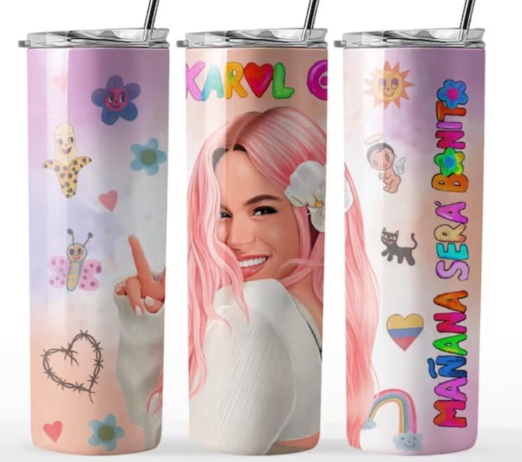Vaso personalizado con diseño de cantante latino inspirado en cantante latino, de 20 onzas, vaso de acero inoxidable delgado de 20 onzas con tapa y