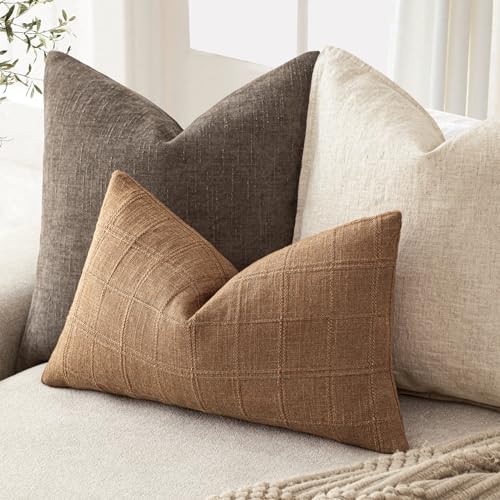 Image of Foindtower Set of 1 Decorative Linen Check Throw Pillow Cover Neutral Farmhouse Lumbar Cushion Cover Modern Boho Home Decor for Sofa Chair Couch Bedroom Living Room,12x20 Inch,Brick