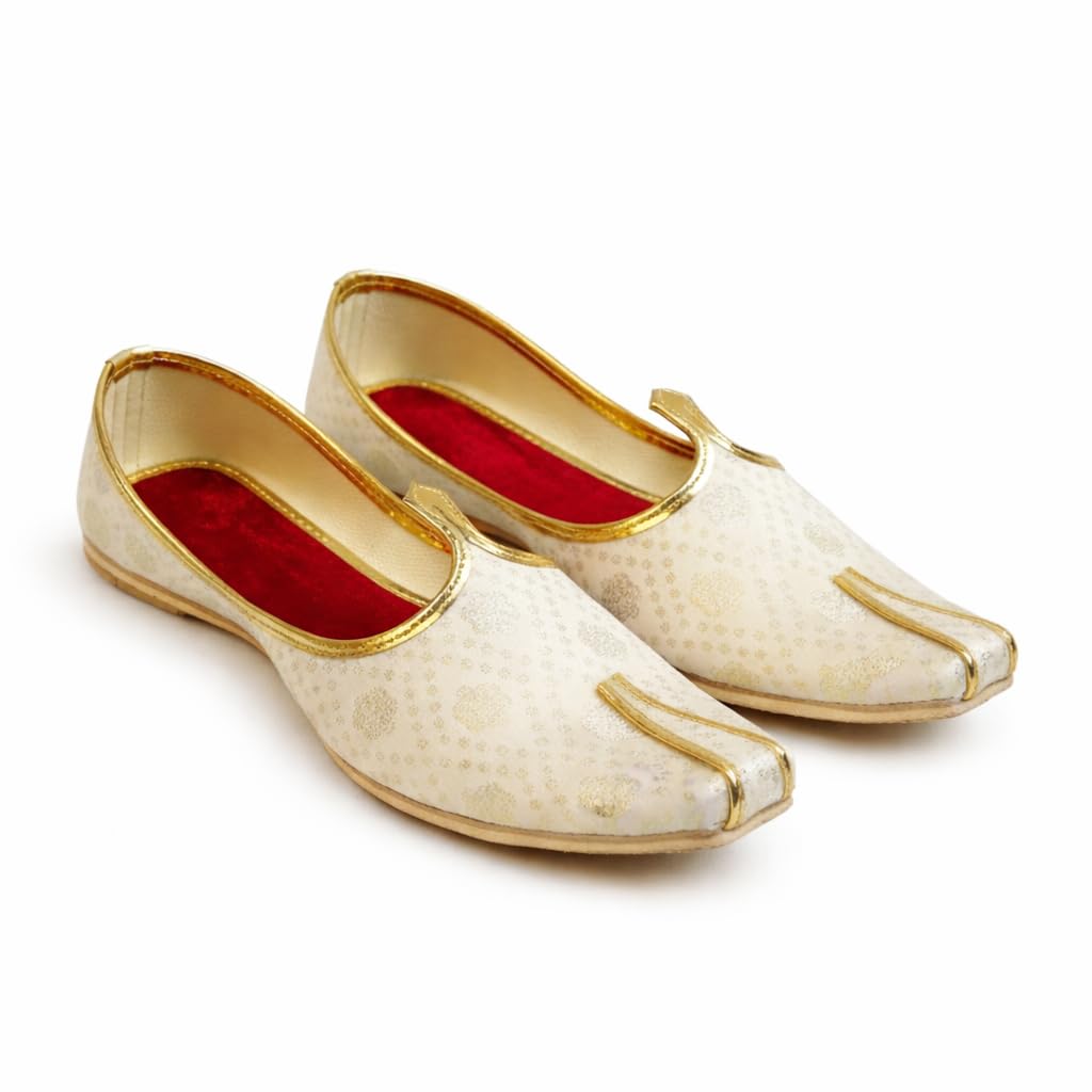 Traditional Sherwani Jutti, Cream with Gold Trim, Leather, Flat Mule Style, Wedding Formal Footwear-image-14