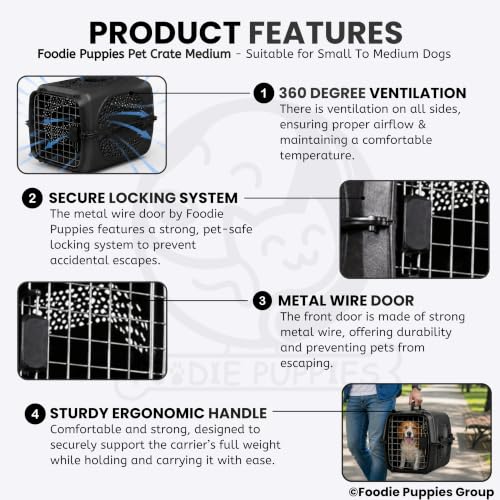 Image of Foodie Puppies Imported Plastic Pet Travel Carrier Cage (58 x 37 x 37 cm, Medium) for Small to Medium Dogs, Cats, Puppies & Small Animals | Portable Transporter Box with Metal Door & Spring Lock