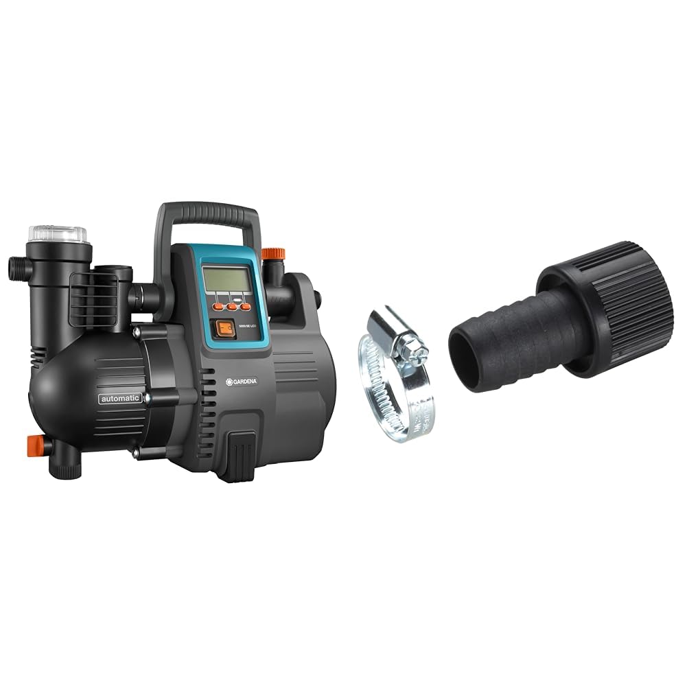 Gardena Station de Pompage 5000/5E Lcd Comfort : Pompe Domestique & Adaptateur pour Tuyau d'Aspiration 25 mm de Gardena (1") : Adaptateur de Pompe avec Collier de Serrage pour une Connexion Étanche