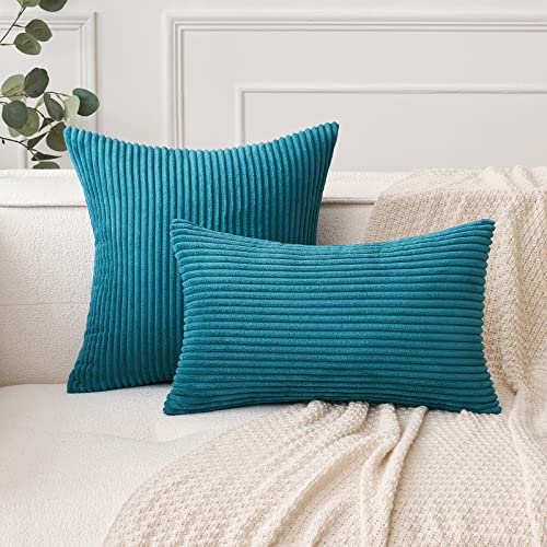 MIULEE Set of 2 Striped Corduroy Square Throw Pillow Case Soft Cushion Cover Sham Home for Sofa Chair Couch/Bedroom Decorative Fluffy Large Pillowcases 16x16 Inch 40x40cm Lake Blue - Image 4