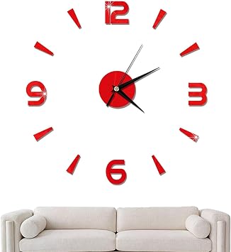 3D Frameless Wall Clock Sticker, Wall Sticker Clock Acrylic Mirror Watch Decor for Home Living Room Bedroom Office Decoration Red