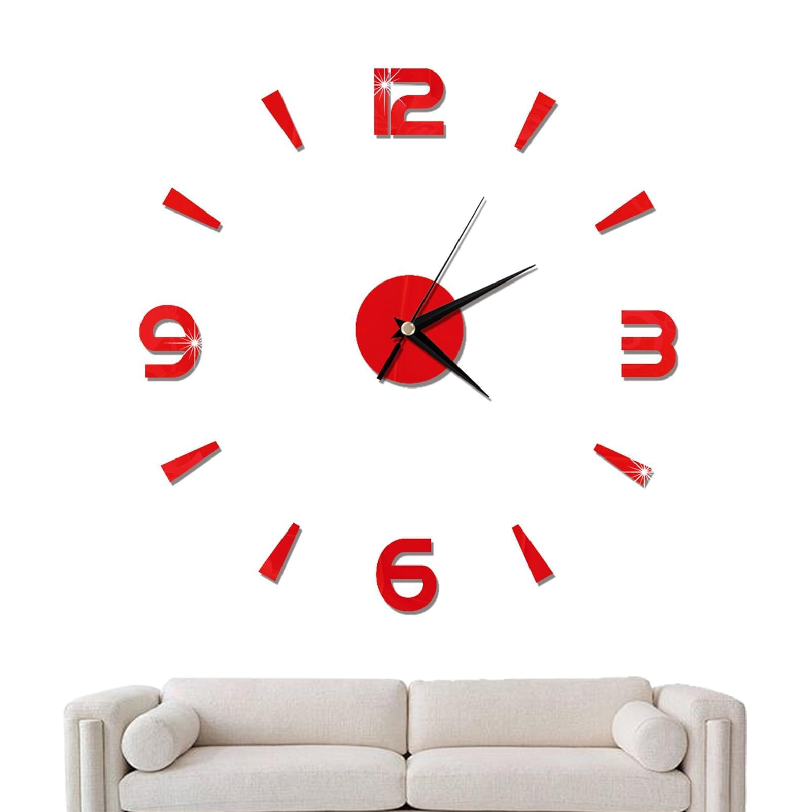 Horloge murale 3D rouge en acrylique effet miroir sans cadre pour salon