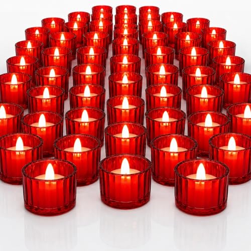 Mumufy 50 Pcs Glass Tealight Candle Holder Ribbed Votive Candle Holder for Centerpiece Wedding Proposal Spa Aromatherapy Meditation Home Decor (Red)