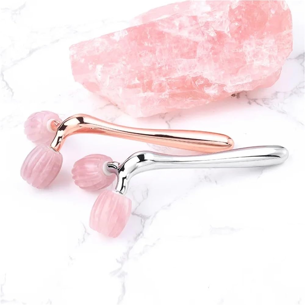 Rullo massaggiatore for Lifting facciale 3D Massaggio facciale 360 ​​Rotazione Pietra Quarzo Rosa Rullo di Giada for Dimagrimento Viso(Rose Gold)