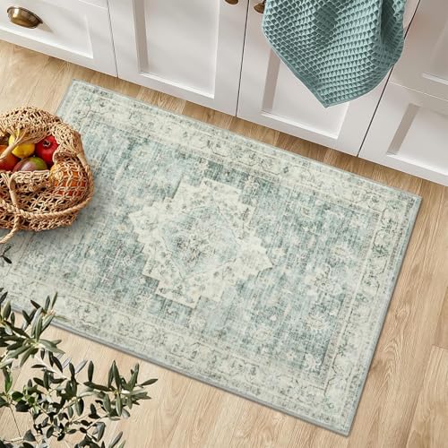LIVEBOX Washable Rug 2x3 Kitchen Mats for Floor Entryway, Non Slip Front Door Mat for Bathroom Hallway, Boho Low-Pile Small Carpet Farmhouse Throw Indoor Rugs for Bath Sink, Sage Green - image 3