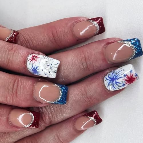 7月4日フェイクネイルフランスのヒントプレススクエアフェイクインディペンデンスデーの接着人工独立記念日爪のフレンチチッププレス
