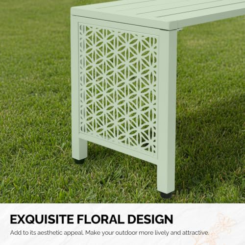 Image of VINGLI 40in Outdoor Metal Bench, All-Weathe Backless Patio Bench with Slatted Seat&Floral Side Panels, Rust-Resistant Garden Bench, Weatherproof Outdoor Seating for Porch Entryway Backyard (Green)