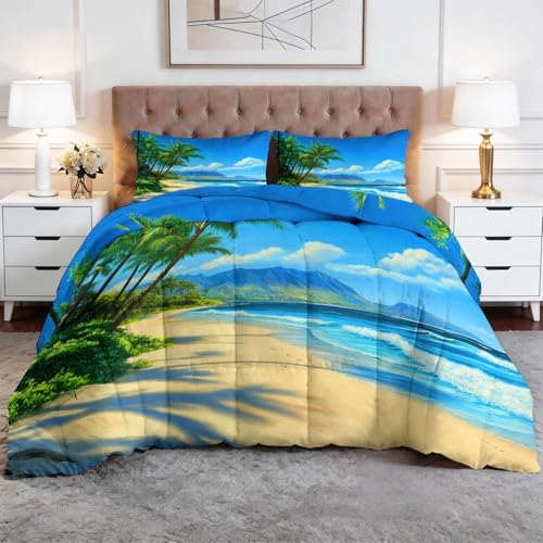 Genérico Edredon Tropical Océano Playa Plantas Estampado Bedding Edredón Nórdico 240 x 260 cm Funda Nórdica De Fibra 400Gr/M², Transpirable Colcha De Microfibra para Todas Estaciones, Azul