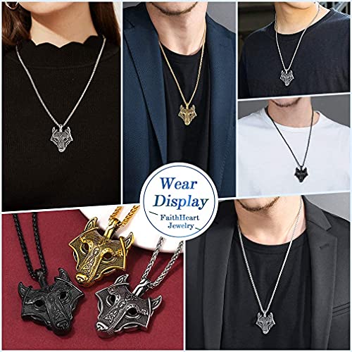 FaithHeart Naszyjnik z wilkiem wikingów dla mężczyzn, styl vintage, nordyckie runy, głowa wilka, Fenrir, wisiorek naszyjniki ze stali nierdzewnej/złoty/czarny, nordyckie prezenty, 55, Stal nierdzewna