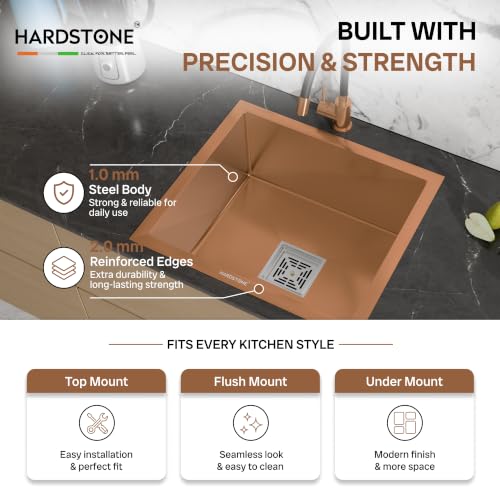Image of HARDSTONE Premium Kitchen Sink | Single Bowl 16x18x9 Inch | Handmade Heavy Duty Stainless Steel Wash Basin with Matte Rose Gold Finish | Includes Waste Hose Pipe, Coupling & Drying Rack | Rose Gold