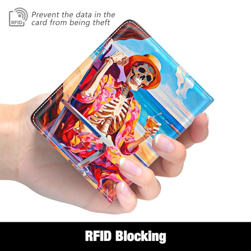 Image of Rouidr Womens Wallet, RFID Small Slim Wallet for Women, Cute Bifold Leather Pocket Credit Card Holder Ladies Mini Purse with Zipper Coin Pocket & ID Window, Beach Skull