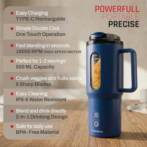 Image of Domestica Blendo Portable Blender for Smoothie and Juices | Portable Juicer Mixer Blender for Fruits with 6-Blade Ice Crushing, 18000 RPM Motor | Compact Mixer Grinder | BPA-Free 500ml (Blue)