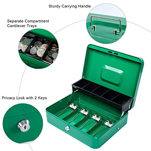 Image of KYODOLED Locking Cash Box with Lock,Money Box with Cash Tray,Lock Safe Box with Key,Money Saving Organizer,11.81Lx 9.45Wx 3.54H Inches,Green XL Large
