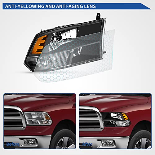 Image of OEDRO Headlight Assembly Replacement for 2009-2018 Dodge Ram 1500 /2010-2018 Ram 2500 3500 (Quad Models Only), Headlamp with Amber Reflector, Clear Lens Black Housing w /o bulbs, w /o wiring harness