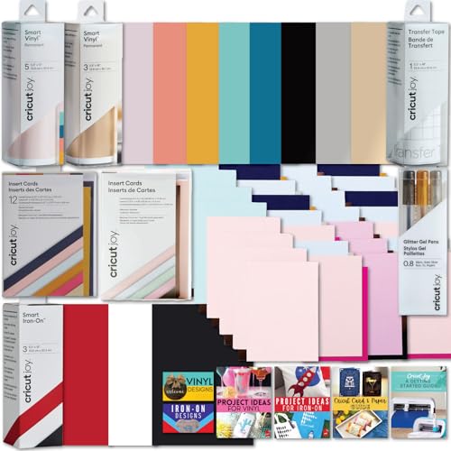 Cricut Deluxe All‑in‑One Sampler Kit for Cricut Joy Machines- 40+ Piece Bundle with Vinyl, Heat Transfer Vinyl, Card Sets with Pens & Instructional Guides, Beginner Die-Cutting Machine Materials Pack
