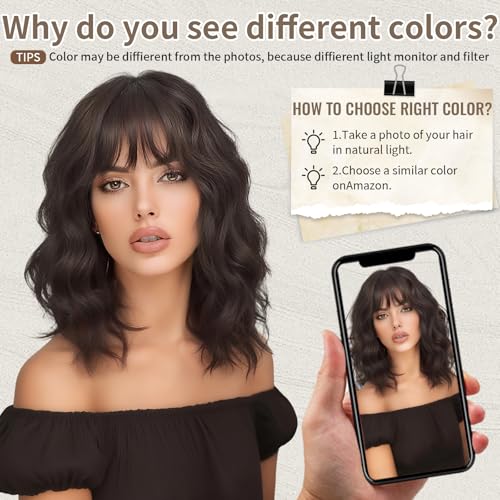 Image of Nnzes Short Wavy Bob Wig with Bangs for Women Shoulder Length Curly Natural Brown Synthetic Heat Resistant Fiber Hair for Daily Party Use