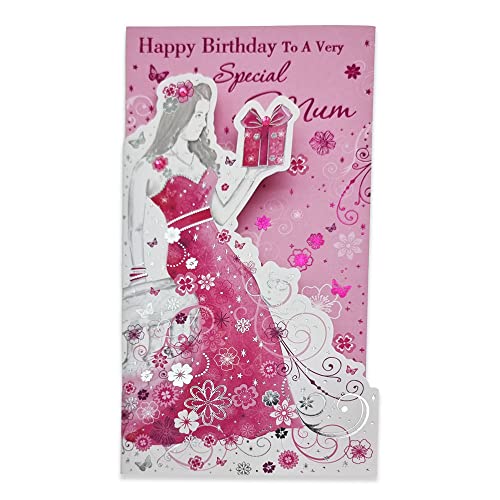 Tarjeta de cumpleaños tradicional para mamá – Tamaño 23 cm x 12 cm – 100% reciclable – Ecológica – Recibida con amor (dama con regalo)