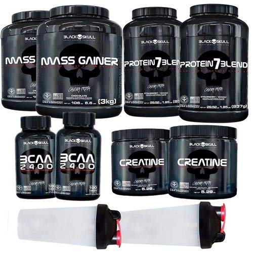 Combo Suplementos Black Skull Caveira Preta 2x Hipercalorico 3kg 2x Whey Blend Bcaa Creatina Copo