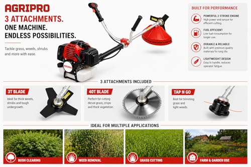 Image of AGRIPRO AG-5300 52CC Petrol Brush Cutter | Includes 40T Blade, 3T Blade, Tap & Go Head, Harness Belt & Tool Kit | Grass, Weed & Crop Cutting