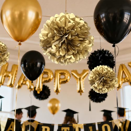 Image of Black Gold Paper Pom Poms for Wedding Birthday Black Gold Party Decoration - Ceiling Wall Hanging Tissue Flowers - 12pcs 2 Colors of 12 Inch 10 Inch
